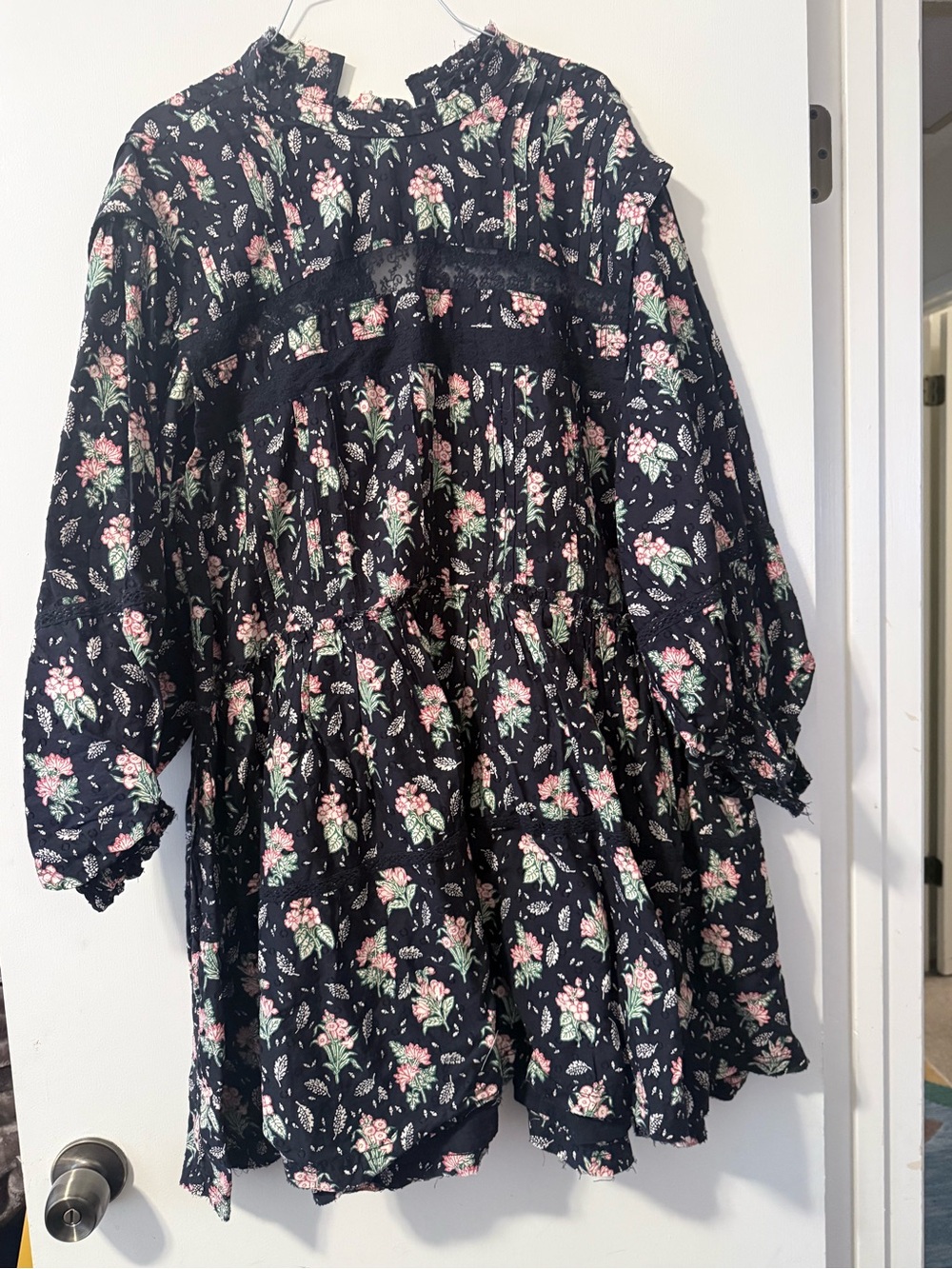 Pilcro Floral Smocked Black Peasant Dress with Pink & Green Blooms
